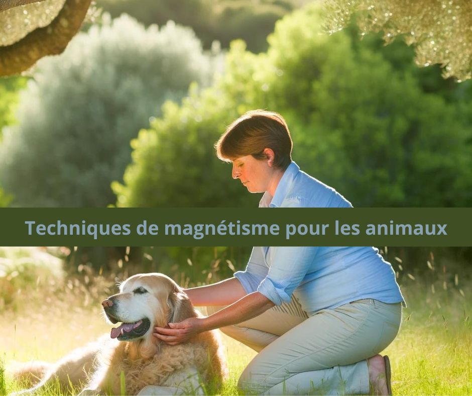 scène apaisante où une praticienne applique le magnétisme sur un chien dans un cadre naturel.