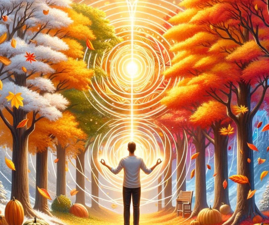Une personne pratiquant le magnétisme pour l'harmonisation énergétique dans un parc entouré de feuilles d'automne colorées, les yeux fermés et les mains levées.