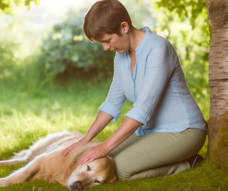 une femme assise à côté d'un chien dans un champ, appose ses mains sur le chien couché pour le magnétiser