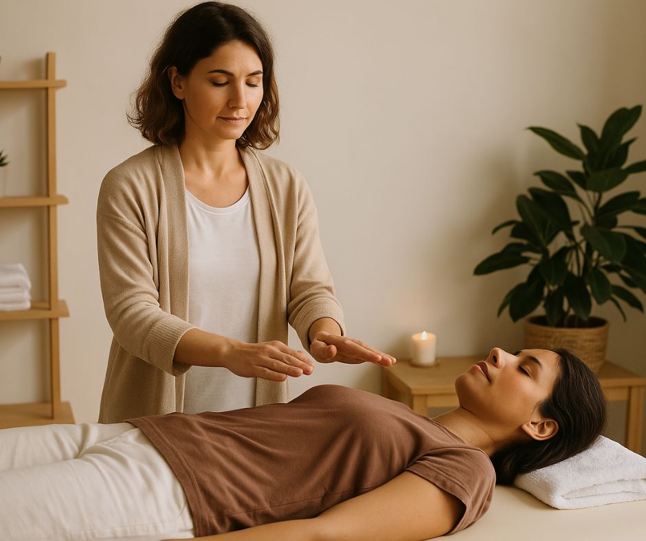 Praticienne en magnétisme réalisant une séance énergétique dans un cabinet zen, avec une cliente allongée sur une table de massage.