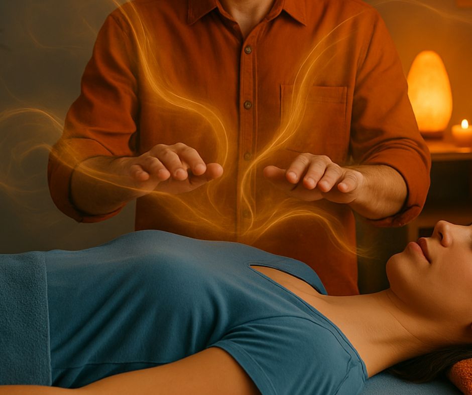 on voit les mains d'un énergéticien au dessus d'un client allongé sur une table de massage avec l'énergie qui circule
